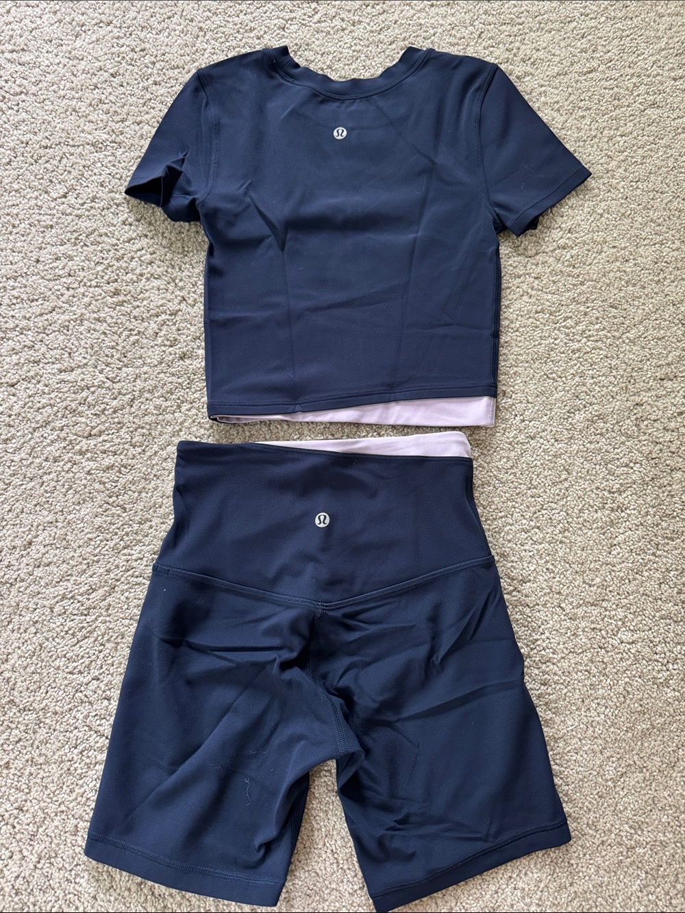 LULULEMON Navy Blue Purple Cropped Tee and Short Set 2/XXS - Picture 6 of 6